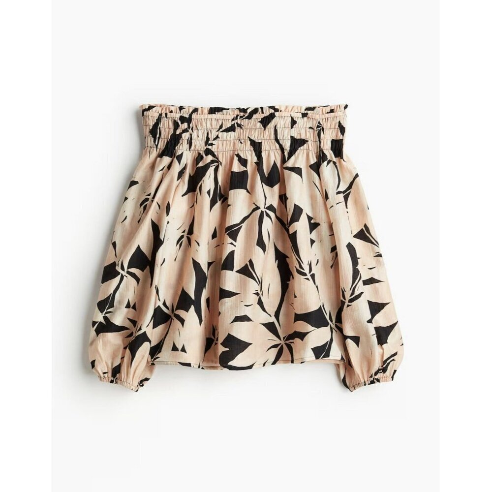 H&M Off Shoulder Blouse M Peach Black Abstract Print Boho Smocked Top